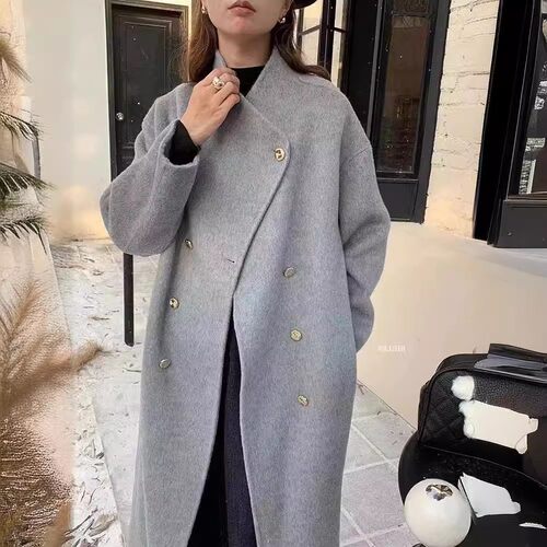 Stand-collar Double-breasted Irregular Long Loose Cashmere a
