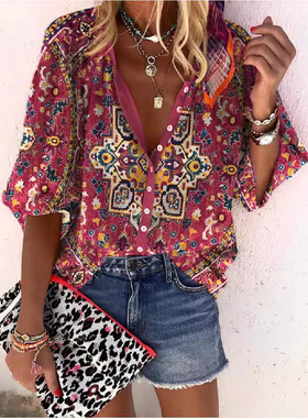 Women's loose stand - collar button - down vintage printed