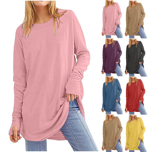 2026 Solid lor Loose Crewneck Thumb T-shirt Pullover Women