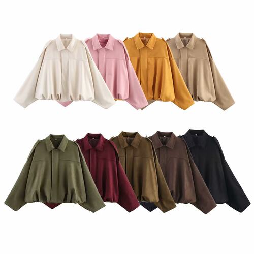 2026 Fashionable Bomber Jacket Bat Sleeve Zipper Loose Suede