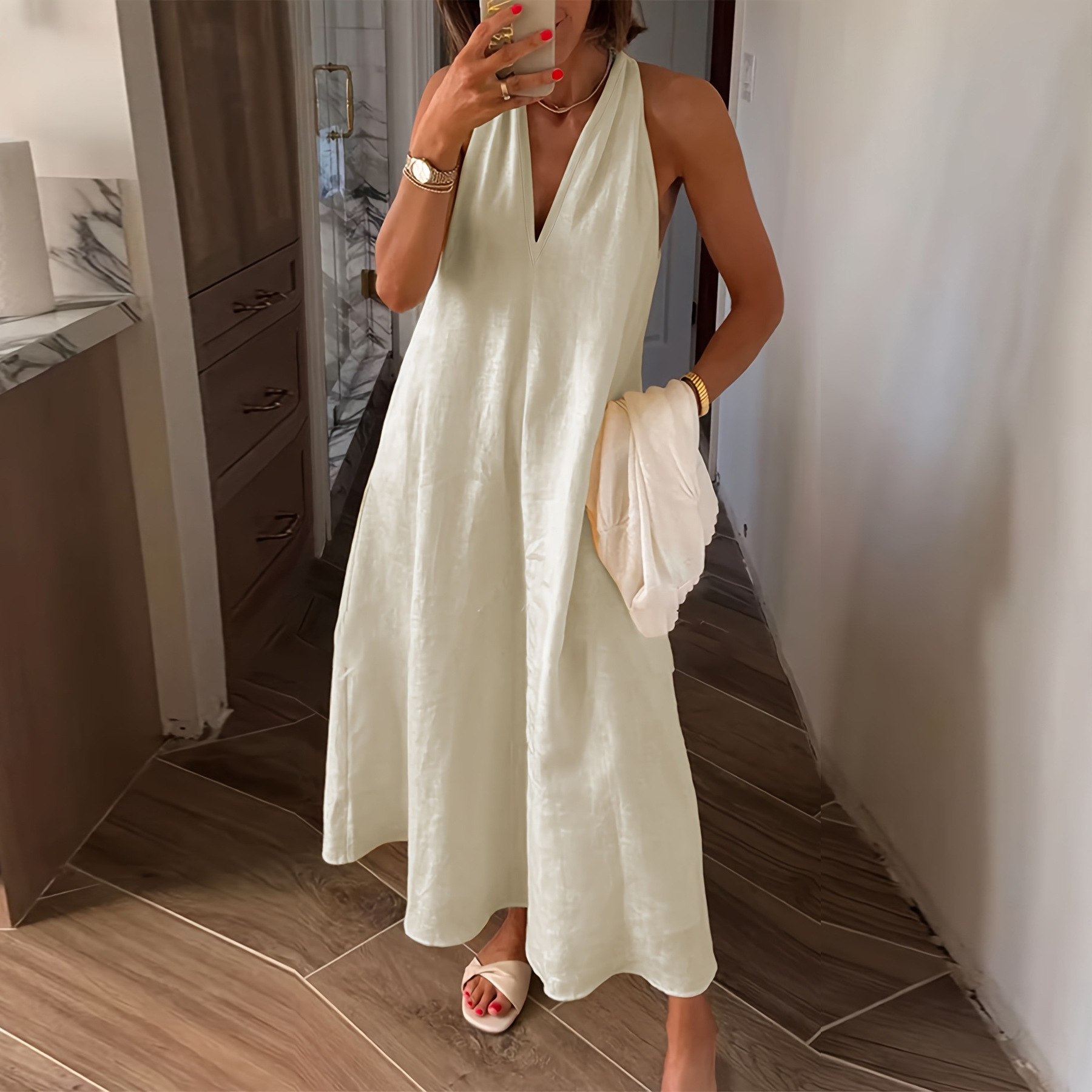 2025 Degree Vest Vacation Style Dress V-neck Elegant Sleevel