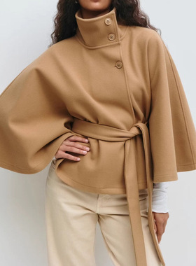 Women's Fashionable Solid lor Cloak Stand llar Button Belt J