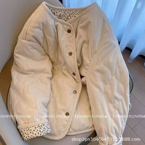 Niche Design rduroy Spliced Floral Rhombus Jacket For Women,