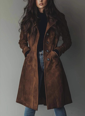Elegant Style Women's at Lapel Western Style Suede Long at