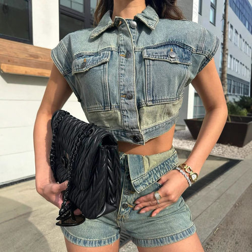 53085 Fashion Casual Denim lorblock Two-piece Women's Clothi
