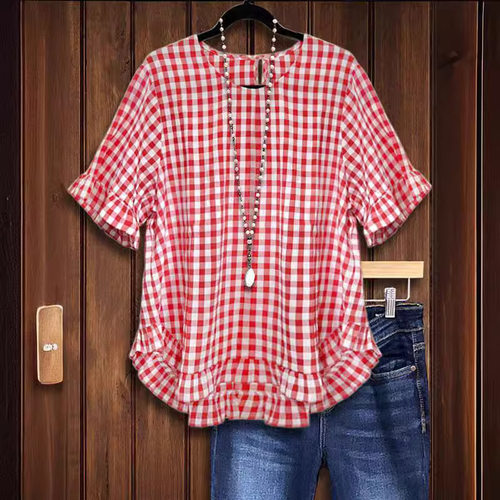 格纹衬衣T恤欧美女装荷叶袖