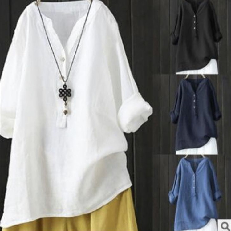 2021现货ebay速卖通欧美宽松净色棉麻上衣女