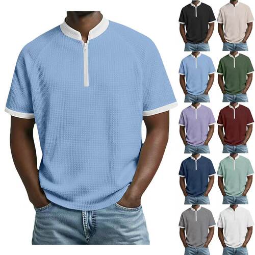 Men’s Stand-collar Short-sleeve Shirt, lor-block Casual Spo