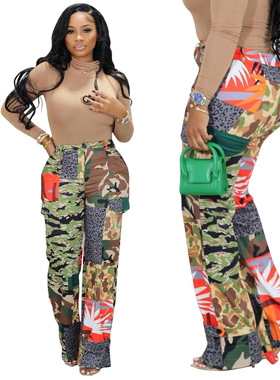 LD83210夏季新款欧美亚马逊女装棉质纽扣拉链迷彩直筒长裤