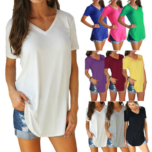Women's V-neck Short Sleeve Loose T-shirt Hem Large Size Sol