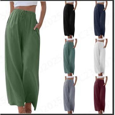 2026 tton And Linen Drawstring Casual Women's Wide Leg Pants