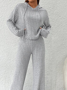 2025 Casual Knitted Suit Women's Hooded Loose Pants Two-piec