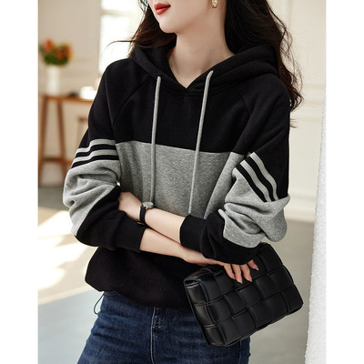 And Grey Stripe Stitching Hooded Women's Korean-style Ins re