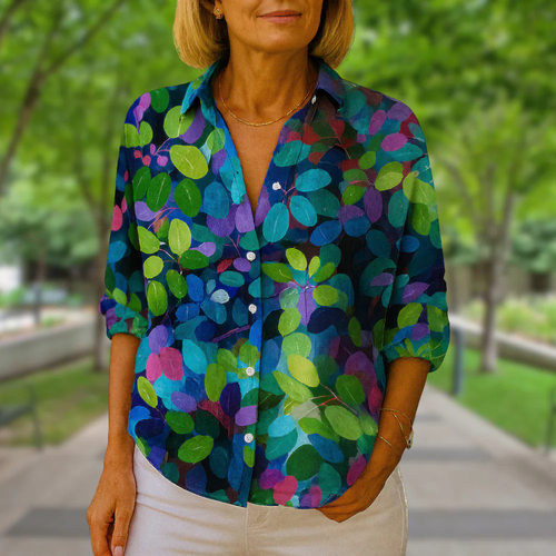 Station Button Solid Color Floral Women Button Casual Comfor