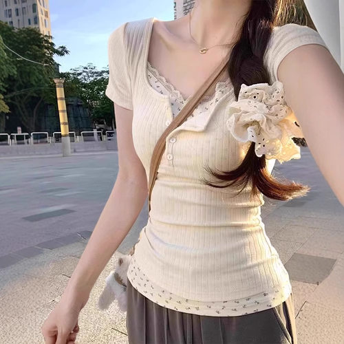 Fake Two-piece Floral Lace Women's Design Front Shoulder Sho