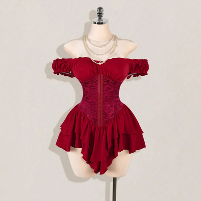 Jacquard Stitching Pleated Ruffles Off-the-shoulder Multi-la