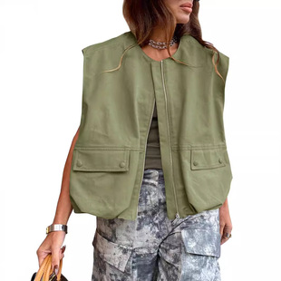 Women's Sleeveless Pocket Loose Vest Solid lor Cardigan Zipp