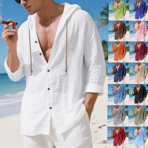 Men's Loose Linen Hooded Multicolor Casual Button Hoodie