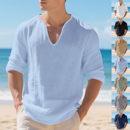 Linen T-shirt Men's Loose Solid lor Casual V-neck Large Size