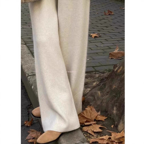 Thick Wool Wide-leg Pants For Women, Drapey Knitted Straight
