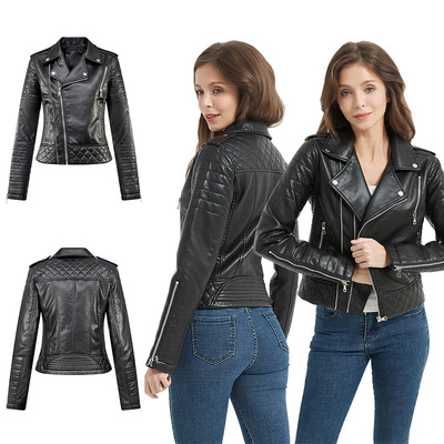 Women's Pu Short Slim Jacket Motorcycle Fashion Lapel Zipper