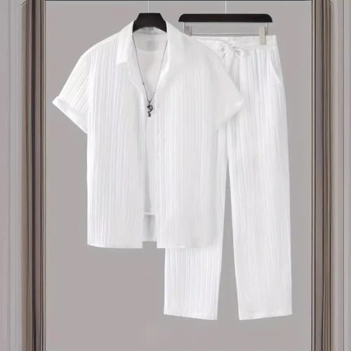 2025 Men's Striped Short-sleeved Buckle Lapel Suit Men's Fas
