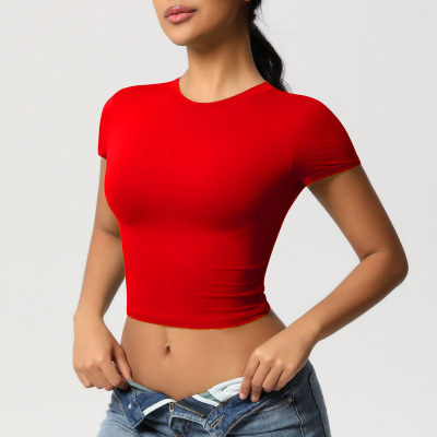 Temu Red Slim-fit Navel Design Simple Casual Short T-shirt F