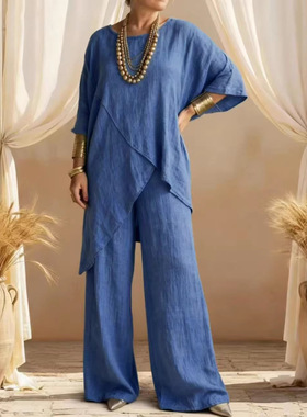2026 Euro Women's Two-piece tton And Linen Sleeve Round Neck