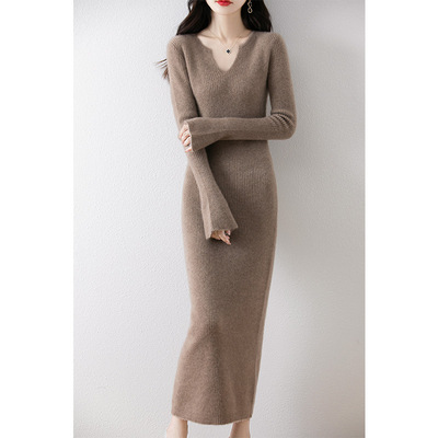 Half Open llar Pure Wool Sleeves Slim Hip Knitted Bottoming