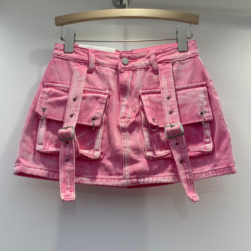 Denim Culottes For Women 2024 Pink Age-reducing Pocket Strap