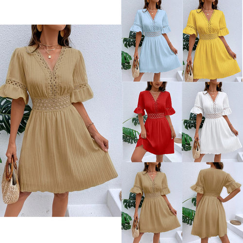 2026 Women's Lace Stitching Fashion V-neck Waisted Solid lor