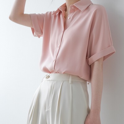 Thin Satin Draped Short-sleeved Women's Japanese Loose And V