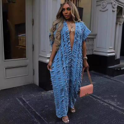 Women's Loose Denimwomen's Sexy Deep V Ripped Wide-leg Jumps