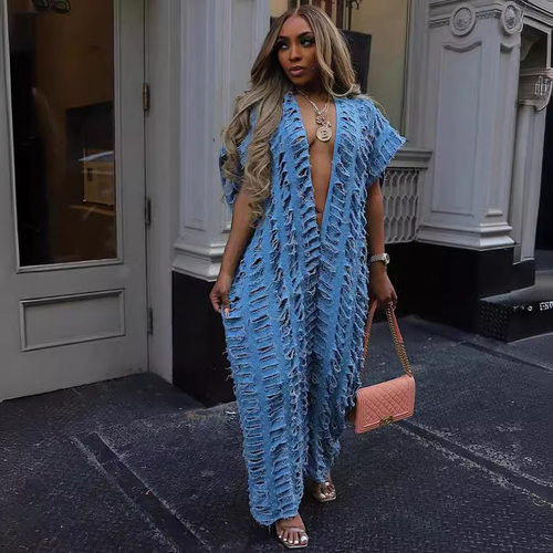 Women's Loose Denimwomen's Sexy Deep V Ripped Wide-leg Jumps