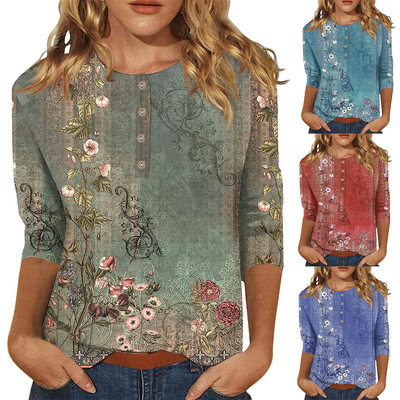 2024 Women's Button Plant Flower Positioning Print Three Qua