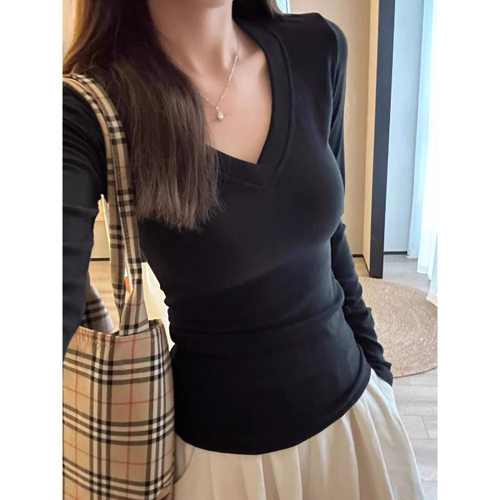 Velvet V-neck Shoulder T-shirt Women's Inner Slim Slim Velve