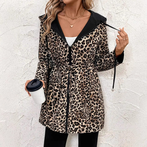 Women's Reversible Leopard Print Hooded Zipper Jacket Casual