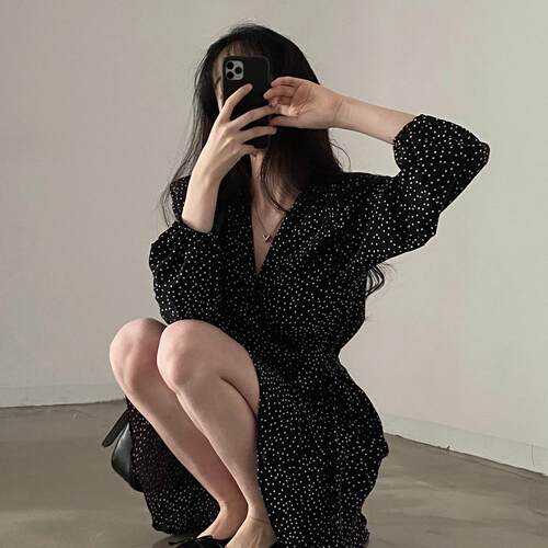 French Retro Polka-dot Little  Dress One-piece V-neck Women'