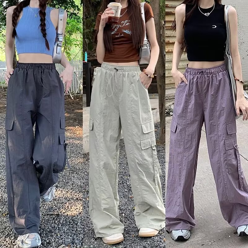 2024夏季新款美式工装裤女高腰抽绳束脚裤显廋垂落感运动阔腿长裤