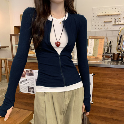 ntrast lor Fake Two-piece Zipper Cardigan Pullover T-shirt W