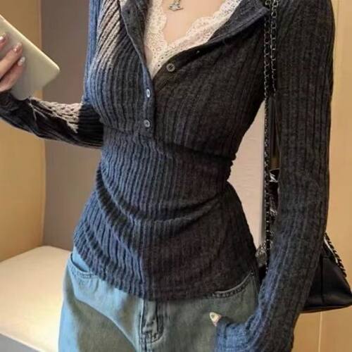 2026 Lace Fake Two-piece Sweater Versatile Niche Slimming mm