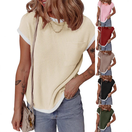 2026 Women's Short-sleeved T-shirt Basic Rib Knitted T-shirt