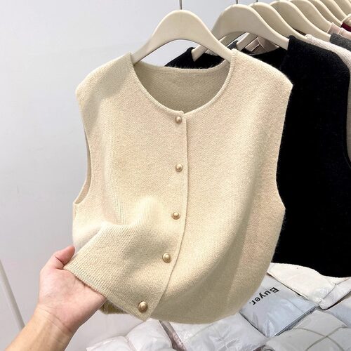 Retro Old Money Style Casual Stacked Round Neck Cardigan Ves