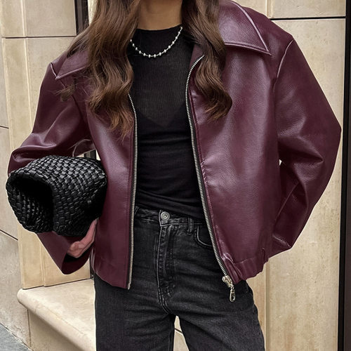 American Retro Lapel Pu Leather Jacket For Women In Autumn A