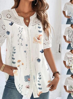 2025 Button-down Collar Short-sleeved Shirt for Women's Tops