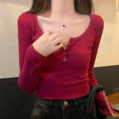 Ins Pure Desire Spice Girl Half-open llar Base T-shirt Women