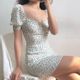 Waist Dress Sleeve Flor 2024 Slimming Lace Women Bubble