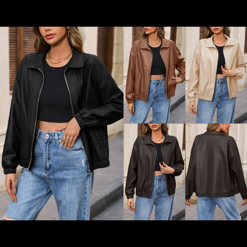 Casual Solid lor Pu Motorcycle Lapel Jacket For Women