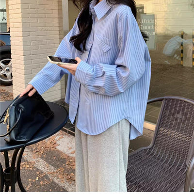 2026 Korean Blue Striped Women's Coat Thin Loose Casual Vers