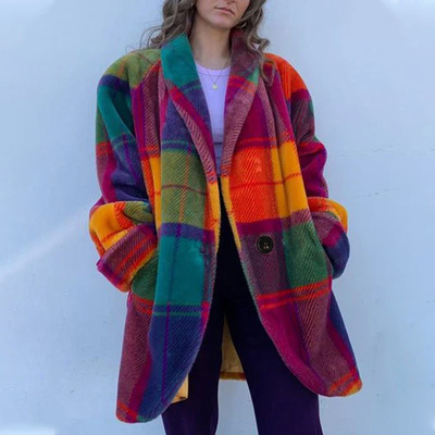 2026 Women's Lapel lor Block Jacket Printed Woolen Long at